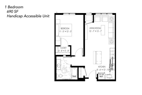 Floor plan for 1 bed, 1 bath